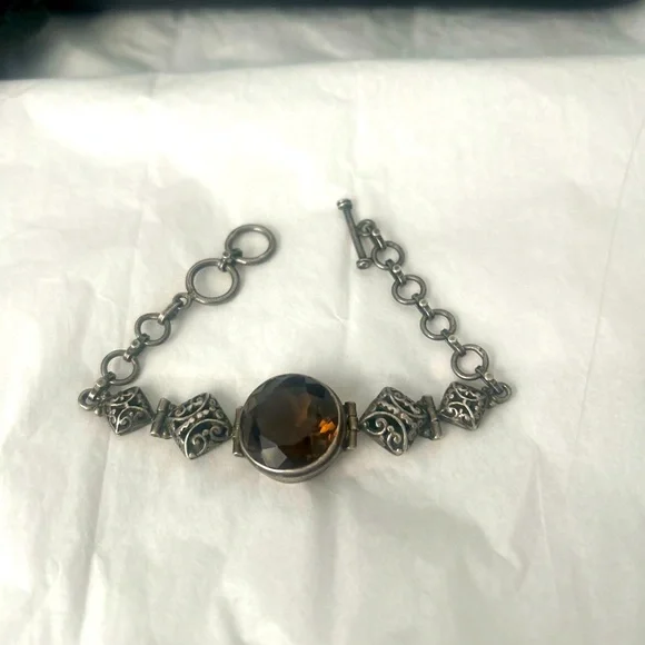 Vintage Faceted Smokey Quartz Gemstone Antique Silver Bracelet w Toggle Closure - Picture 2 of 4